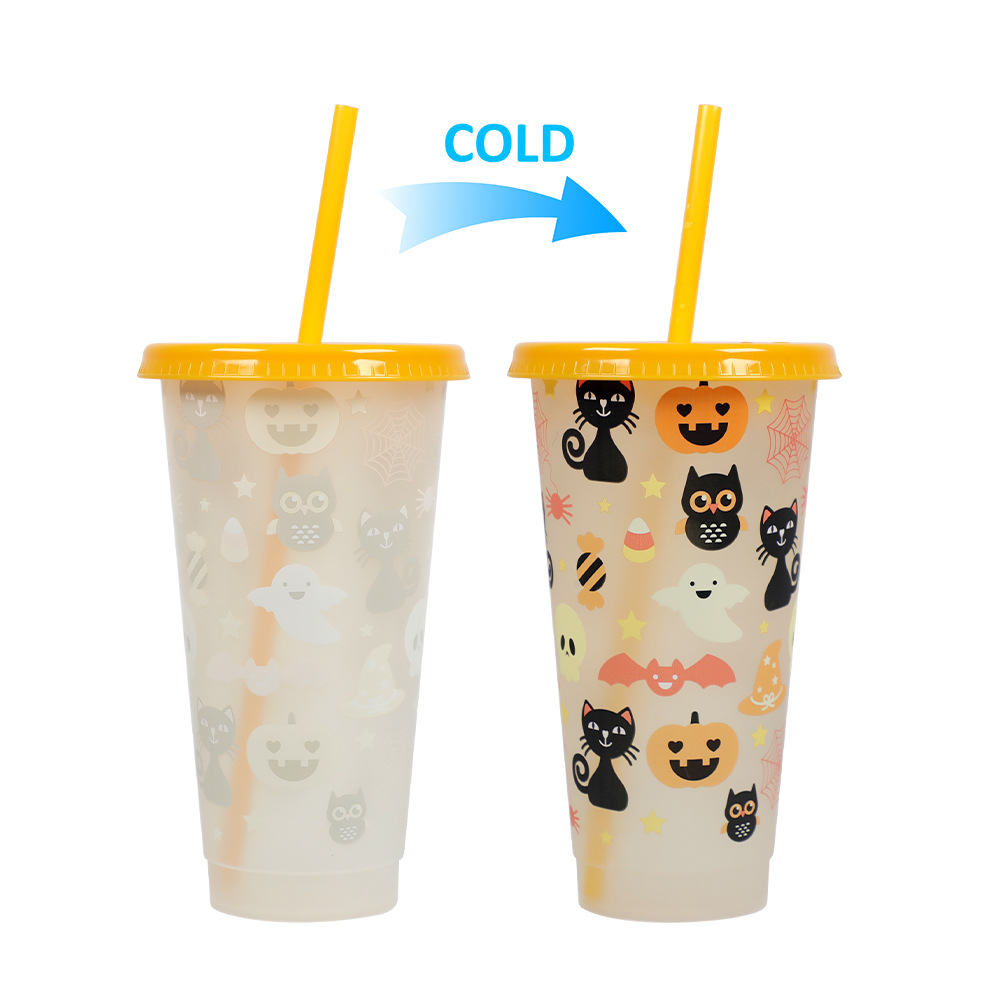 710ml PP Reusable with Straws Water Cups Changing Colour Magical Plastic Cold Water Color Changing Luminous Cup for Halloween