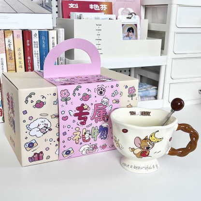Vintage Cute Cartoon Cat Mouse Print Brown Cup Round Mouth Cup Ceramic Tall Foot Cup Coffee Cup with Spoon Box Gifts