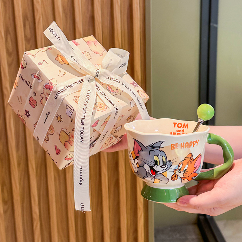 Vintage Cute Cartoon Cat Mouse Print Brown Cup Round Mouth Cup Ceramic Tall Foot Cup Coffee Cup with Spoon Box Gifts