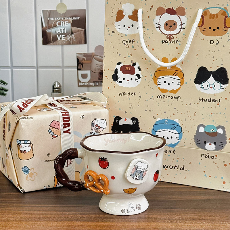 Vintage Cute Cartoon Cat Mouse Print Brown Cup Round Mouth Cup Ceramic Tall Foot Cup Coffee Cup with Spoon Box Gifts