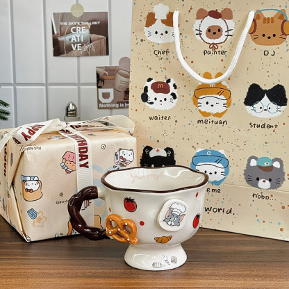 Vintage Cute Cartoon Cat Mouse Print Brown Cup Round Mouth Cup Ceramic Tall Foot Cup Coffee Cup with Spoon Box Gifts