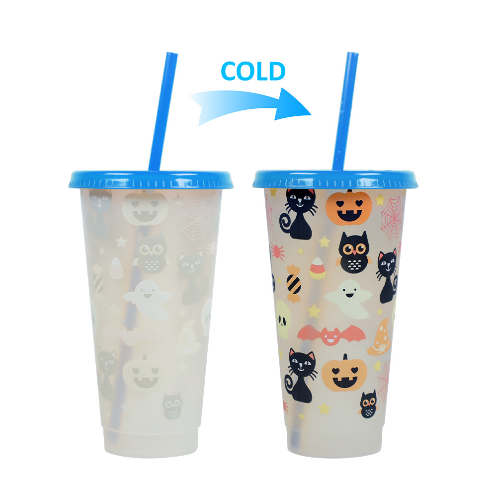 710ml PP Reusable with Straws Water Cups Changing Colour Magical Plastic Cold Water Color Changing Luminous Cup for Halloween