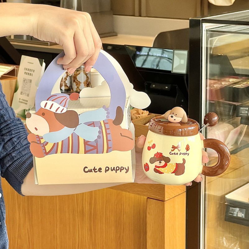 400ML Cute Birthday Hat Puppy Cup Sausage Puppy Ceramic Cup Kids Friends Birthday Gift Cartoon Mug with Lid Gift Box Set