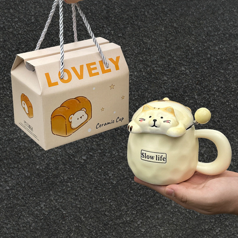 Cute Funny Ghost Poached Egg Cup Ceramic Bear Shape Mug with Lid and Spoon Gift Box Halloween Birthday Present