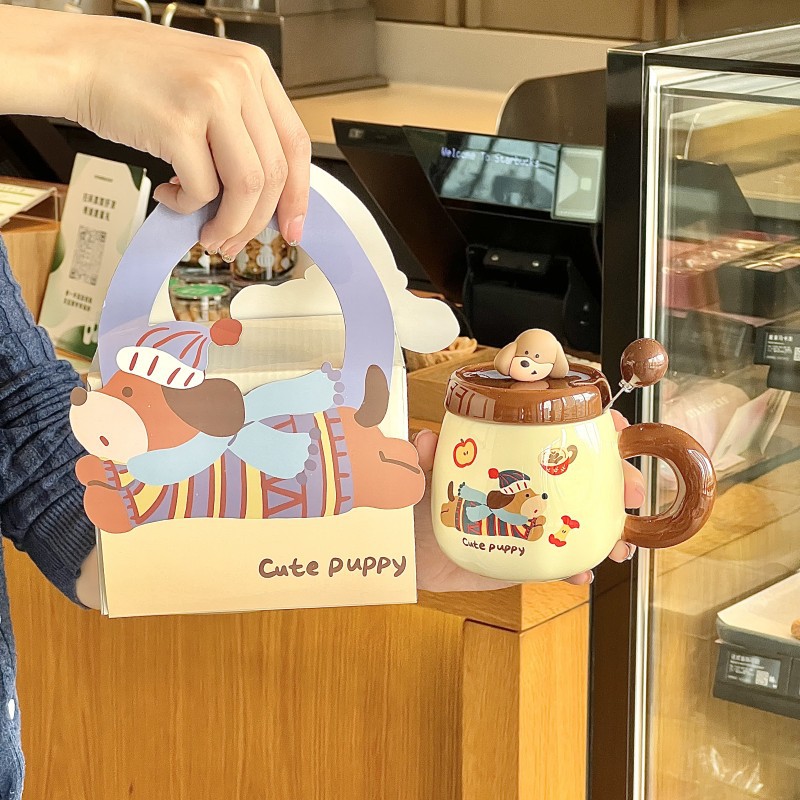 400ML Cute Birthday Hat Puppy Cup Sausage Puppy Ceramic Cup Kids Friends Birthday Gift Cartoon Mug with Lid Gift Box Set