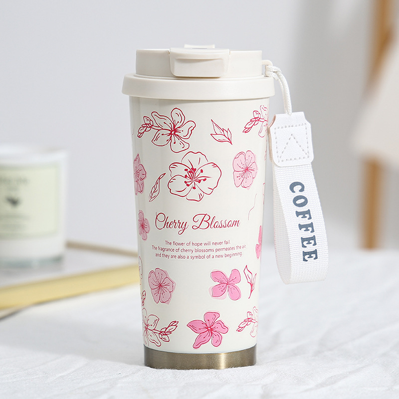New Thermos Cup Coffee Cup for Girls High Appearance Double Drinking Cup Light Luxury Lily of The Valley Flower Water Cup