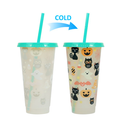 710ml PP Reusable with Straws Water Cups Changing Colour Magical Plastic Cold Water Color Changing Luminous Cup for Halloween