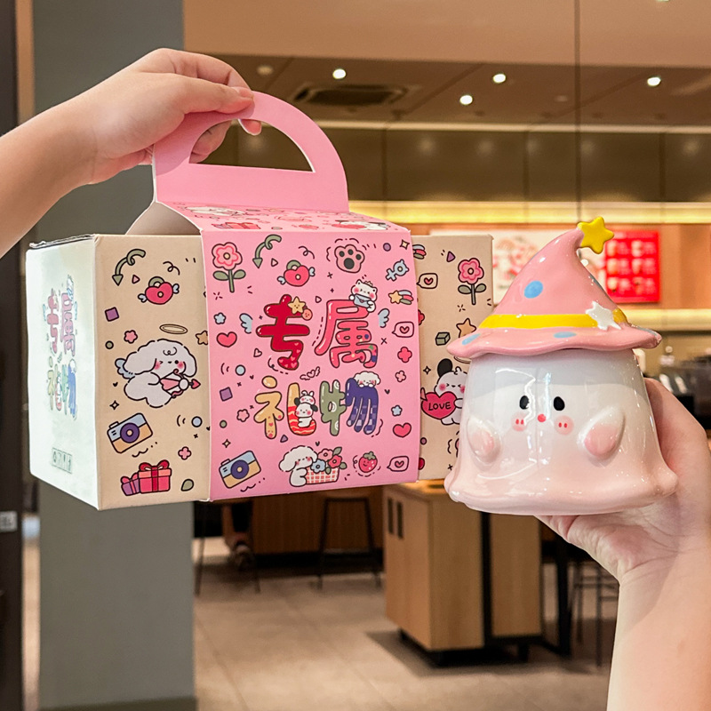 Cute Funny Ghost Poached Egg Cup Ceramic Bear Shape Mug with Lid and Spoon Gift Box Halloween Birthday Present