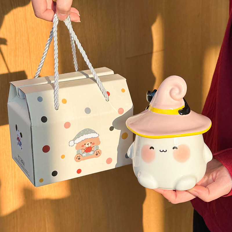 Cute Ceramic Ghost Cat Mug with Lid Bestie Souvenir Gift Box Birthday Water Cup
