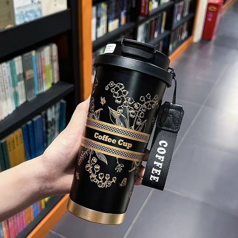 New Thermos Cup Coffee Cup for Girls High Appearance Double Drinking Cup Light Luxury Lily of The Valley Flower Water Cup