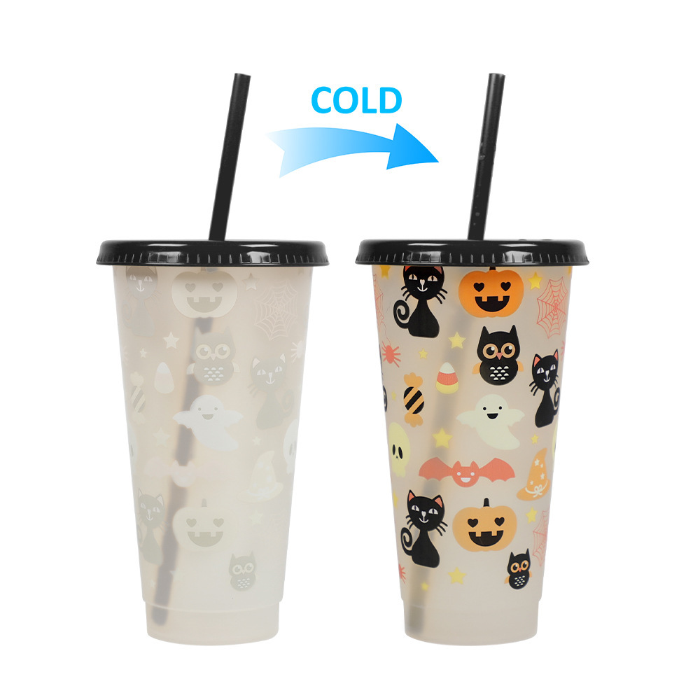 710ml PP Reusable with Straws Water Cups Changing Colour Magical Plastic Cold Water Color Changing Luminous Cup for Halloween