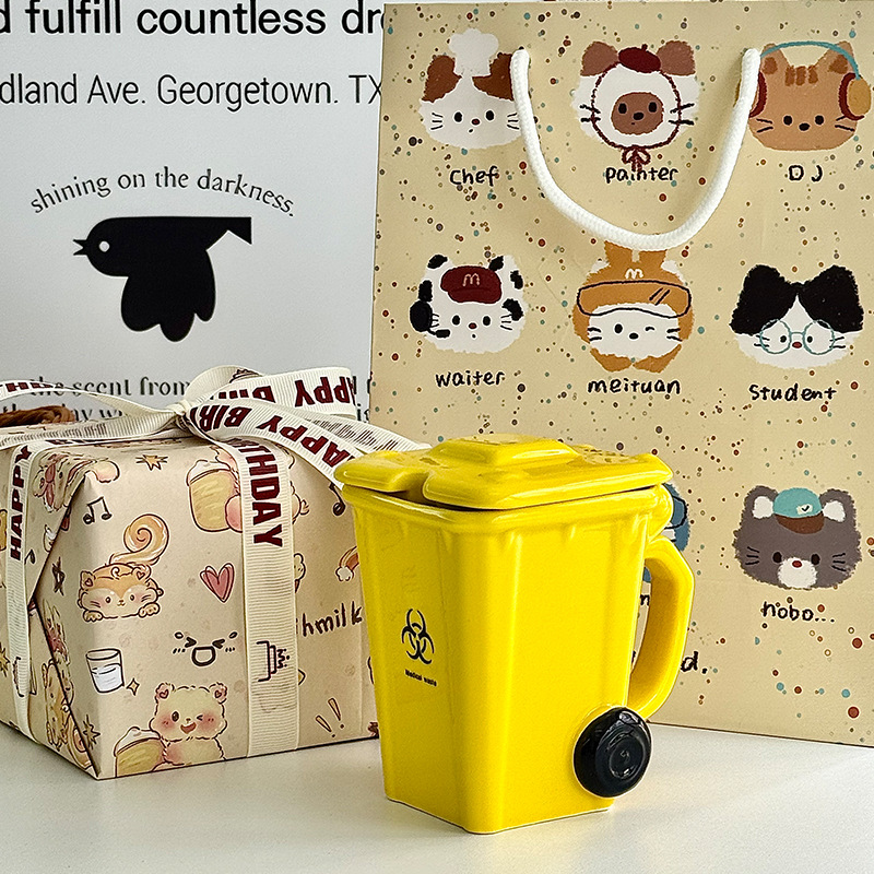 360ML Creative Trash Can Shape Ceramic Mugs Funny Birthday Gifts Coffee and Water Cups for Boys Girls Friends Breakfast Cups with Spoon