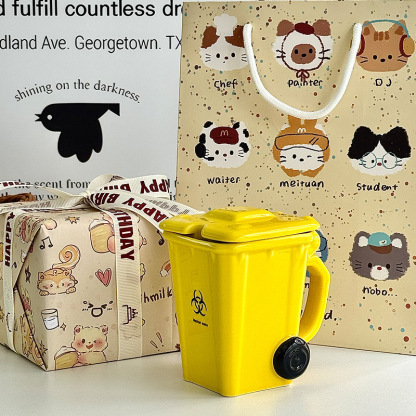 360ML Creative Trash Can Shape Ceramic Mugs Funny Birthday Gifts Coffee and Water Cups for Boys Girls Friends Breakfast Cups with Spoon