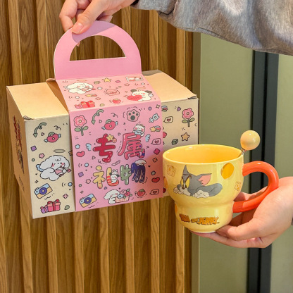 Vintage Cute Cartoon Cat Mouse Print Brown Cup Round Mouth Cup Ceramic Tall Foot Cup Coffee Cup with Spoon Box Gifts