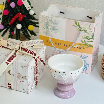 Ceramic Ice Cream Cup Creative Embossed three-dimensional Cute High Footed Dessert Cups Girls Household Fruit Yogurt Bowls