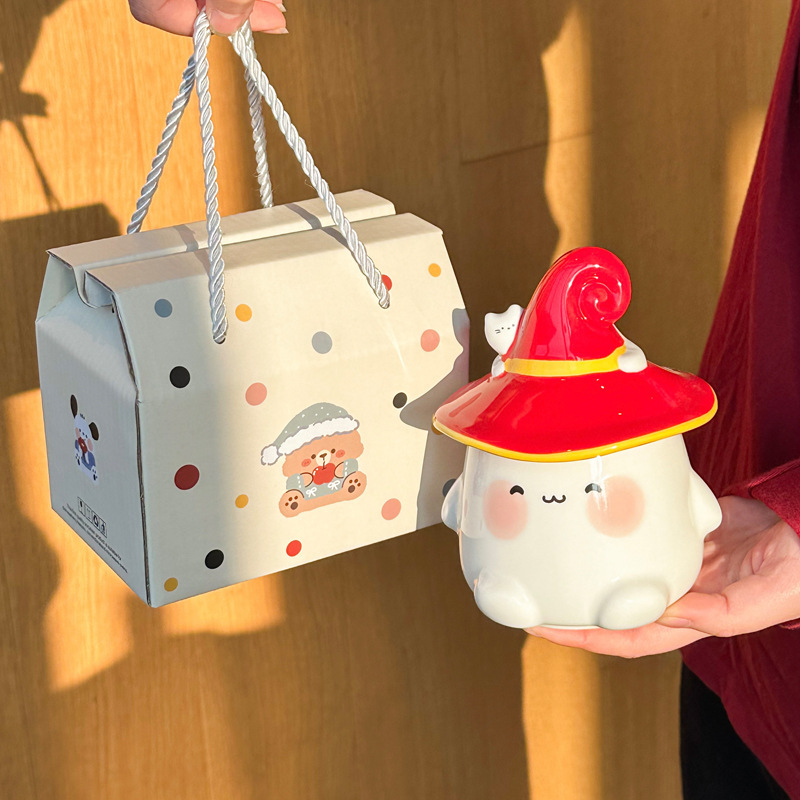 Cute Ceramic Ghost Cat Mug with Lid Bestie Souvenir Gift Box Birthday Water Cup