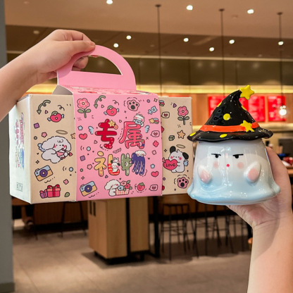 Cute Funny Ghost Poached Egg Cup Ceramic Bear Shape Mug with Lid and Spoon Gift Box Halloween Birthday Present