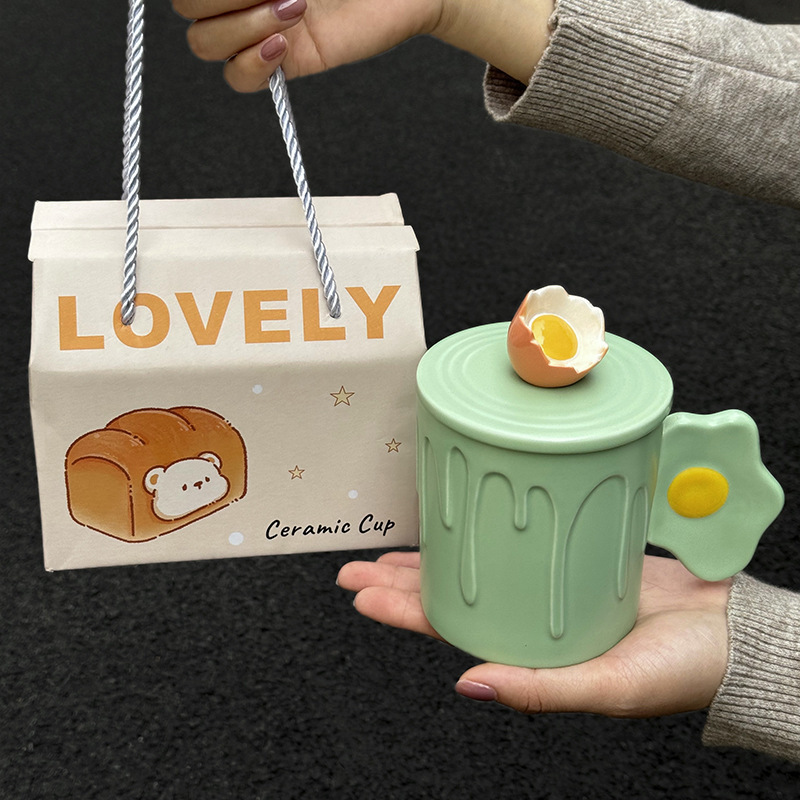 Cute Funny Ghost Poached Egg Cup Ceramic Bear Shape Mug with Lid and Spoon Gift Box Halloween Birthday Present