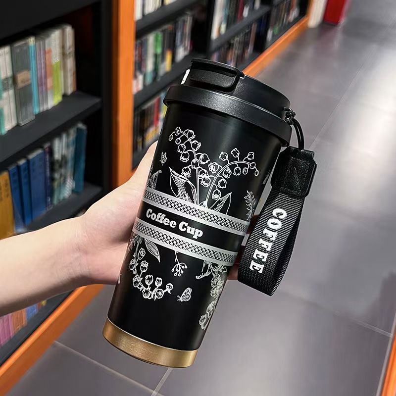 New Thermos Cup Coffee Cup for Girls High Appearance Double Drinking Cup Light Luxury Lily of The Valley Flower Water Cup