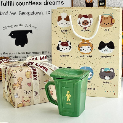 360ML Creative Trash Can Shape Ceramic Mugs Funny Birthday Gifts Coffee and Water Cups for Boys Girls Friends Breakfast Cups with Spoon