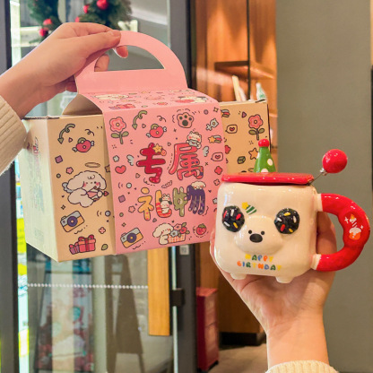 400ML Cute Birthday Hat Puppy Cup Sausage Puppy Ceramic Cup Kids Friends Birthday Gift Cartoon Mug with Lid Gift Box Set