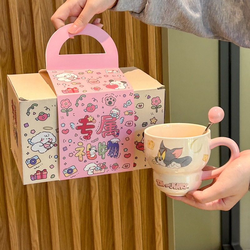 Vintage Cute Cartoon Cat Mouse Print Brown Cup Round Mouth Cup Ceramic Tall Foot Cup Coffee Cup with Spoon Box Gifts