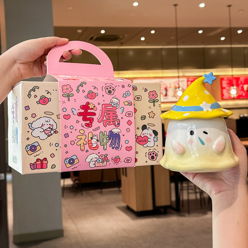 Cute Funny Ghost Poached Egg Cup Ceramic Bear Shape Mug with Lid and Spoon Gift Box Halloween Birthday Present