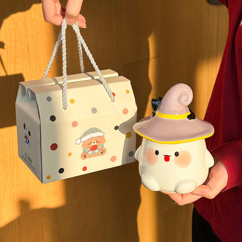 Cute Ceramic Ghost Cat Mug with Lid Bestie Souvenir Gift Box Birthday Water Cup
