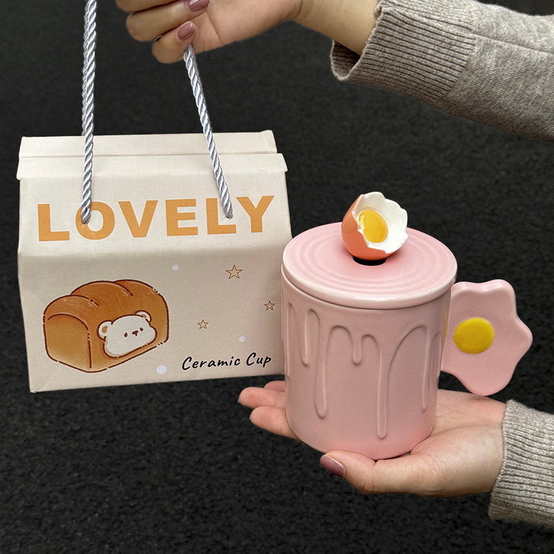 Cute Funny Ghost Poached Egg Cup Ceramic Bear Shape Mug with Lid and Spoon Gift Box Halloween Birthday Present