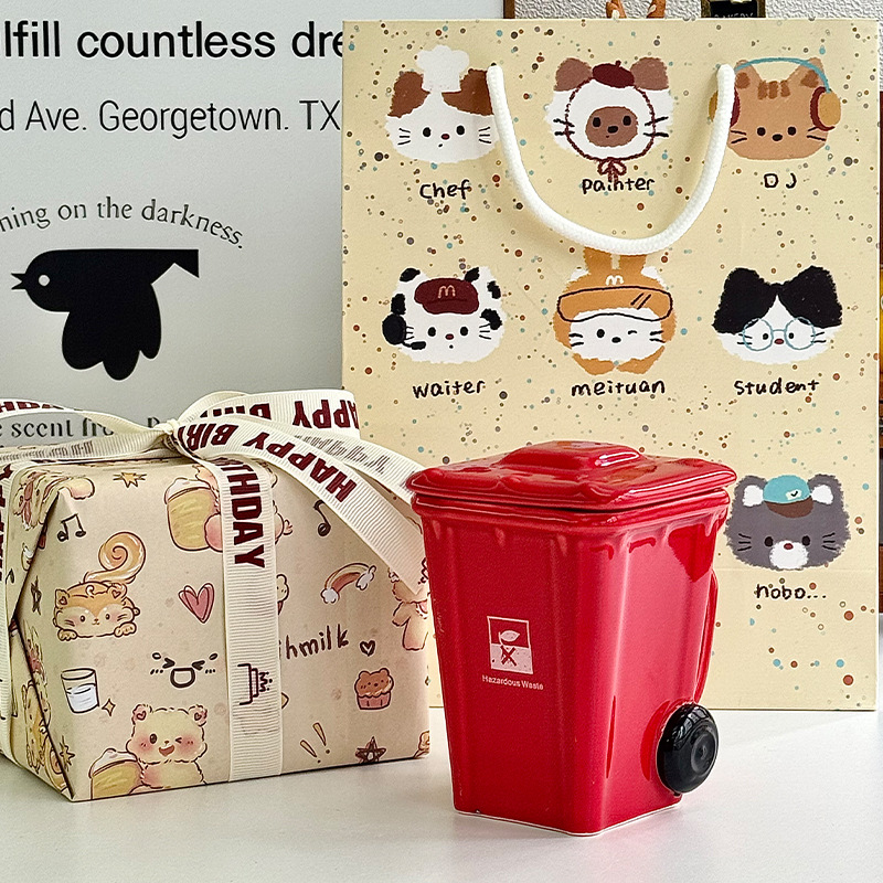 360ML Creative Trash Can Shape Ceramic Mugs Funny Birthday Gifts Coffee and Water Cups for Boys Girls Friends Breakfast Cups with Spoon