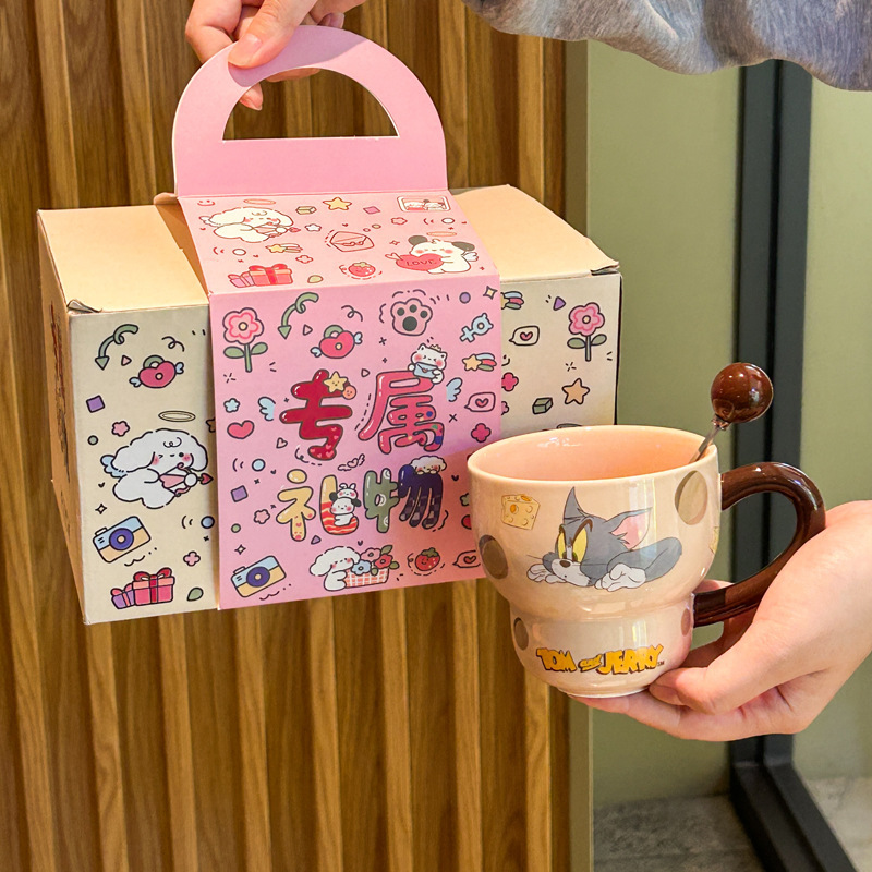 Vintage Cute Cartoon Cat Mouse Print Brown Cup Round Mouth Cup Ceramic Tall Foot Cup Coffee Cup with Spoon Box Gifts