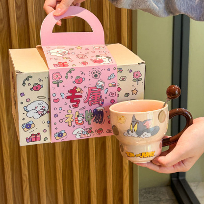 Vintage Cute Cartoon Cat Mouse Print Brown Cup Round Mouth Cup Ceramic Tall Foot Cup Coffee Cup with Spoon Box Gifts