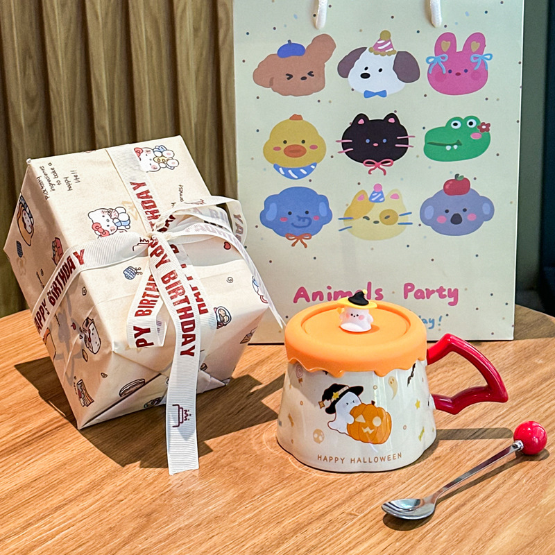 380ML Cute Ghost Ceramic Cup with Lid Creative Funny Mug Gift Box Halloween gifts for Friends Couple Kids