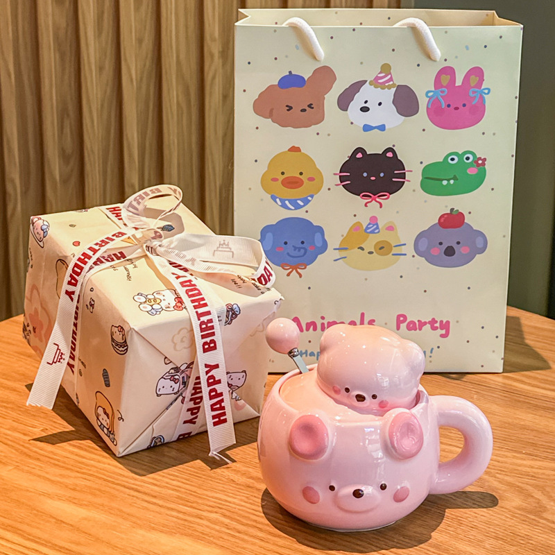 Ceramic Bear Shape Water Cup Mug with Lid and Box Cartoon Girl Kids Birthday Christmas Halloween Gift