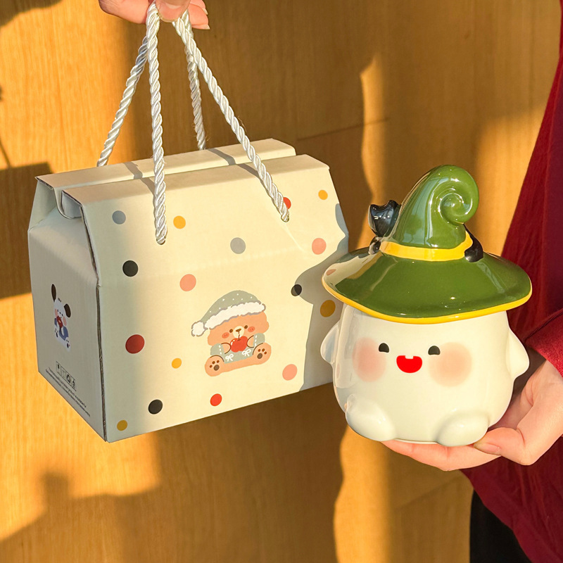 Cute Ceramic Ghost Cat Mug with Lid Bestie Souvenir Gift Box Birthday Water Cup