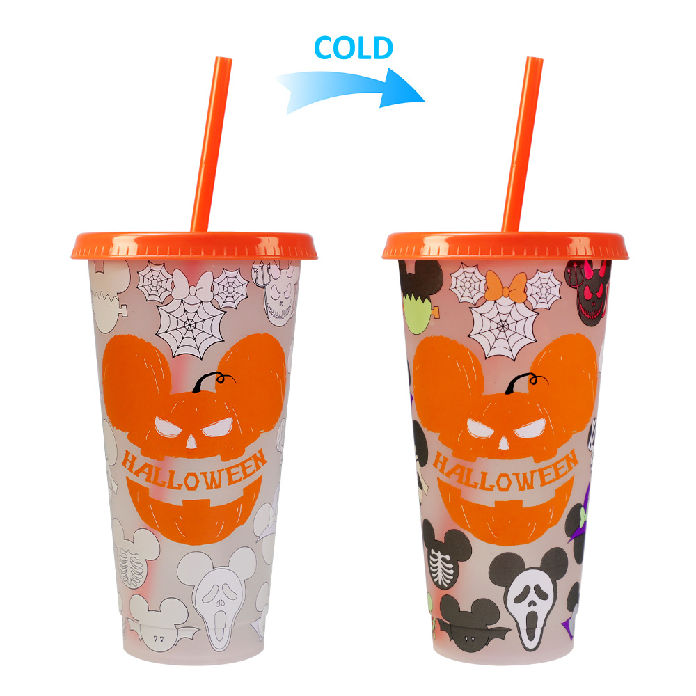 710ml PP Reusable with Straws Water Cups Changing Colour Magical Plastic Cold Water Color Changing Luminous Cup for Halloween
