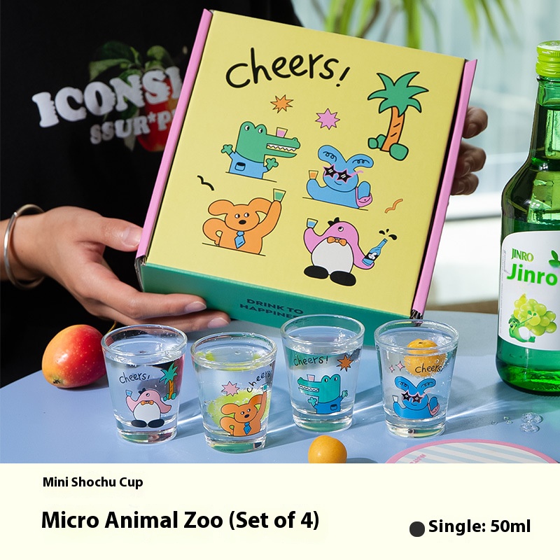 4 pcs/ set of Soju Mug Zoo Animal Dog Pattern White Wine Mug Family Party BFG Lovely Glass Cup