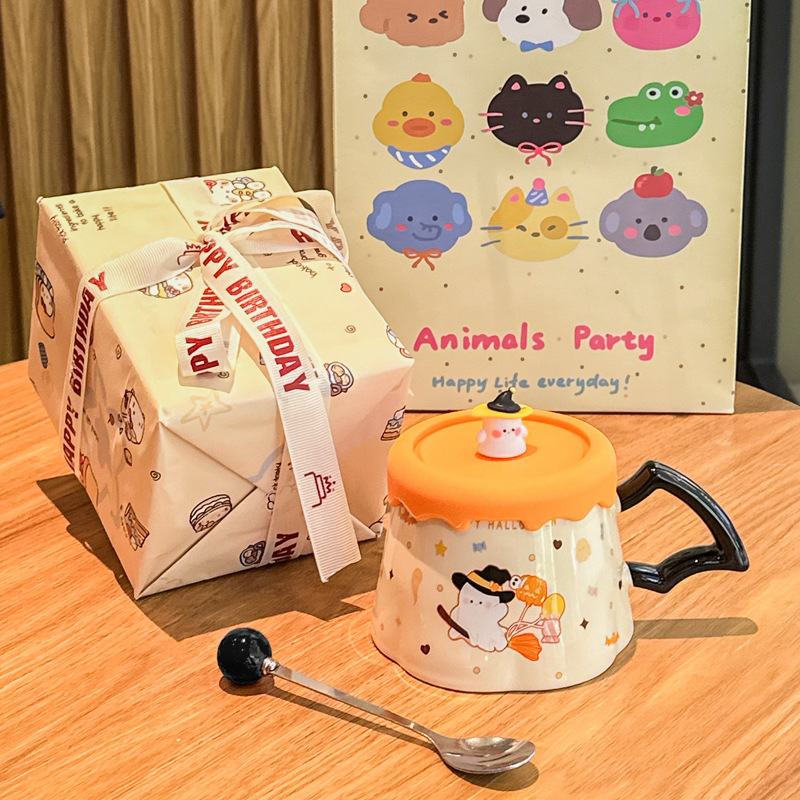 380ML Cute Ghost Ceramic Cup with Lid Creative Funny Mug Gift Box Halloween gifts for Friends Couple Kids