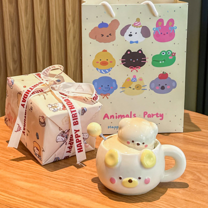 Ceramic Bear Shape Water Cup Mug with Lid and Box Cartoon Girl Kids Birthday Christmas Halloween Gift
