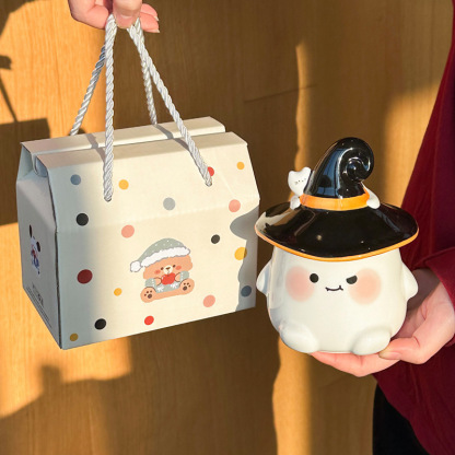 Cute Ceramic Ghost Cat Mug with Lid Bestie Souvenir Gift Box Birthday Water Cup