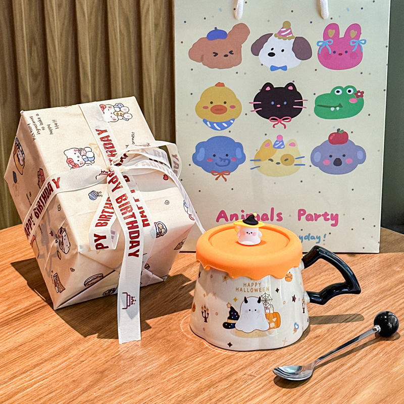 380ML Cute Ghost Ceramic Cup with Lid Creative Funny Mug Gift Box Halloween gifts for Friends Couple Kids