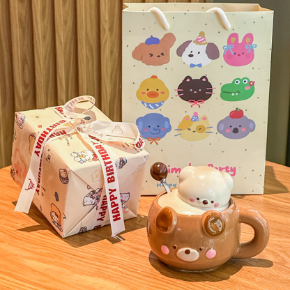 Ceramic Bear Shape Water Cup Mug with Lid and Box Cartoon Girl Kids Birthday Christmas Halloween Gift