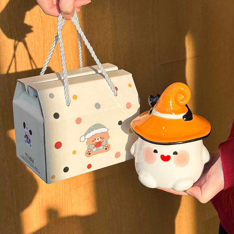 Cute Ceramic Ghost Cat Mug with Lid Bestie Souvenir Gift Box Birthday Water Cup