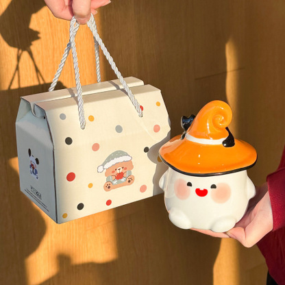 Cute Ceramic Ghost Cat Mug with Lid Bestie Souvenir Gift Box Birthday Water Cup