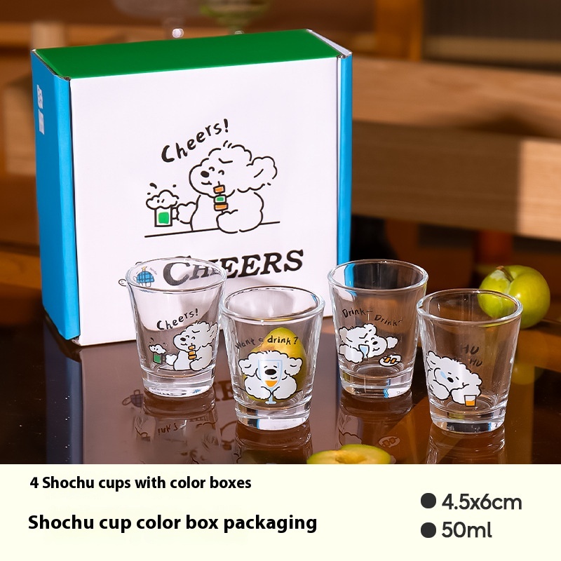 4 pcs/ set of Soju Mug Zoo Animal Dog Pattern White Wine Mug Family Party BFG Lovely Glass Cup