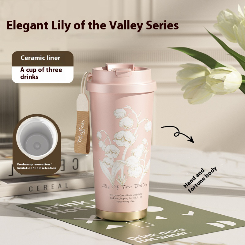 New Thermos Cup Coffee Cup for Girls High Appearance Double Drinking Cup Light Luxury Lily of The Valley Flower Water Cup