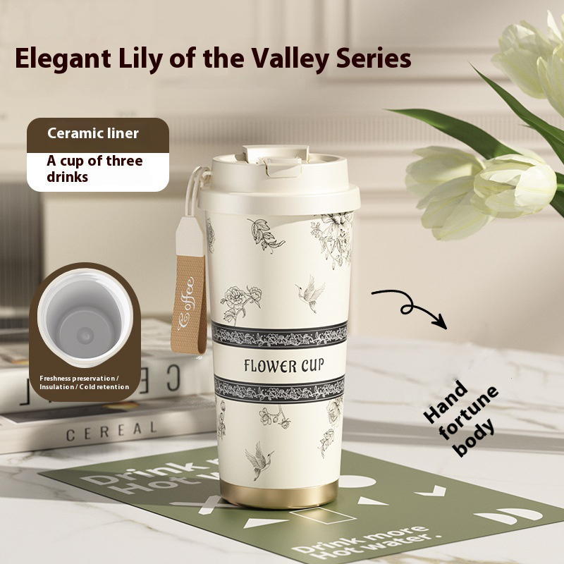 New Thermos Cup Coffee Cup for Girls High Appearance Double Drinking Cup Light Luxury Lily of The Valley Flower Water Cup