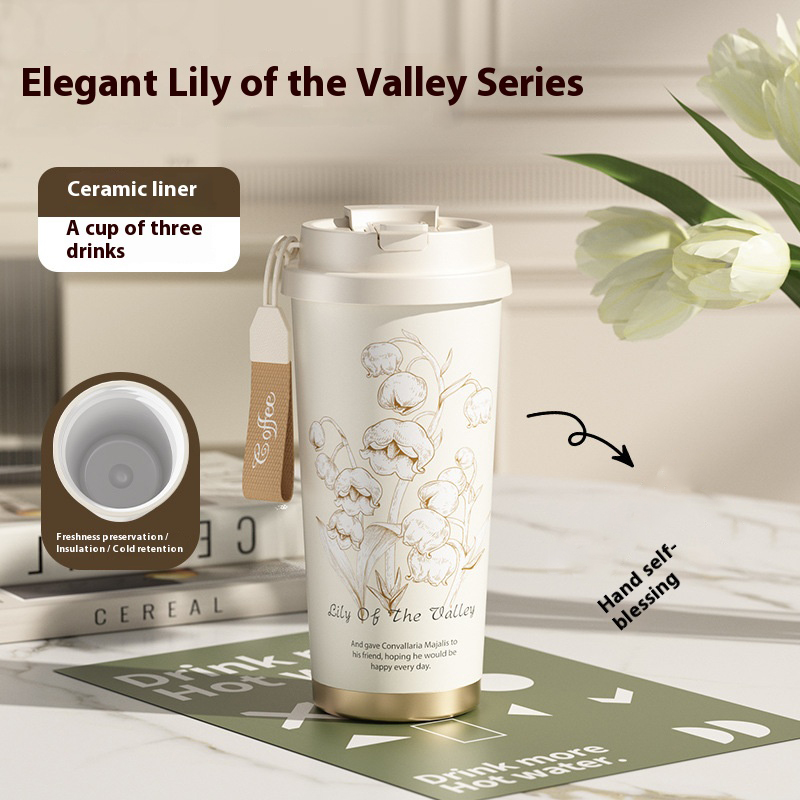 New Thermos Cup Coffee Cup for Girls High Appearance Double Drinking Cup Light Luxury Lily of The Valley Flower Water Cup