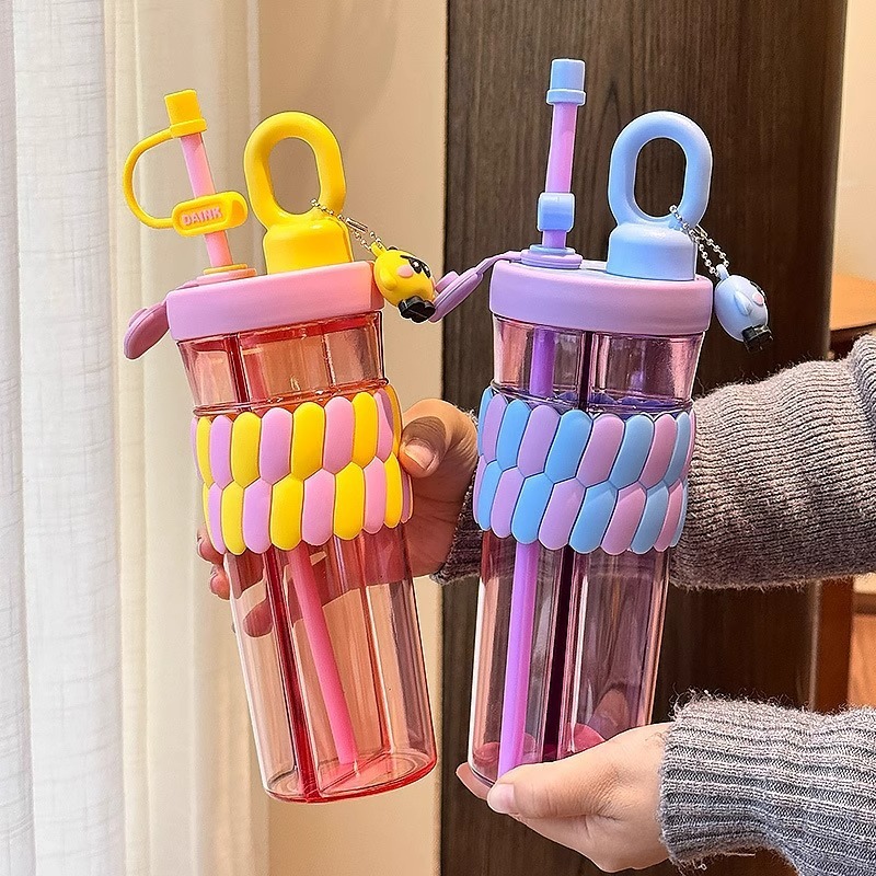 720ML Color Double Drink Cup Cartoon Student Plastic Water Cup Large Capacity Portable Straw Cup