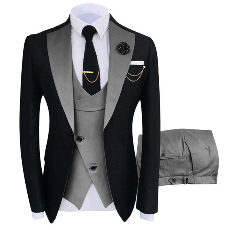 Men's 3 Piece Slim Fit Tuxedo Set, One Button Shawl Collar Solid Jacket Vest Pants with Bow Tie